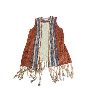 Marcella Sleeveless Knitted Tassel Boho Brown/Blue/Cream Cardigan One Size